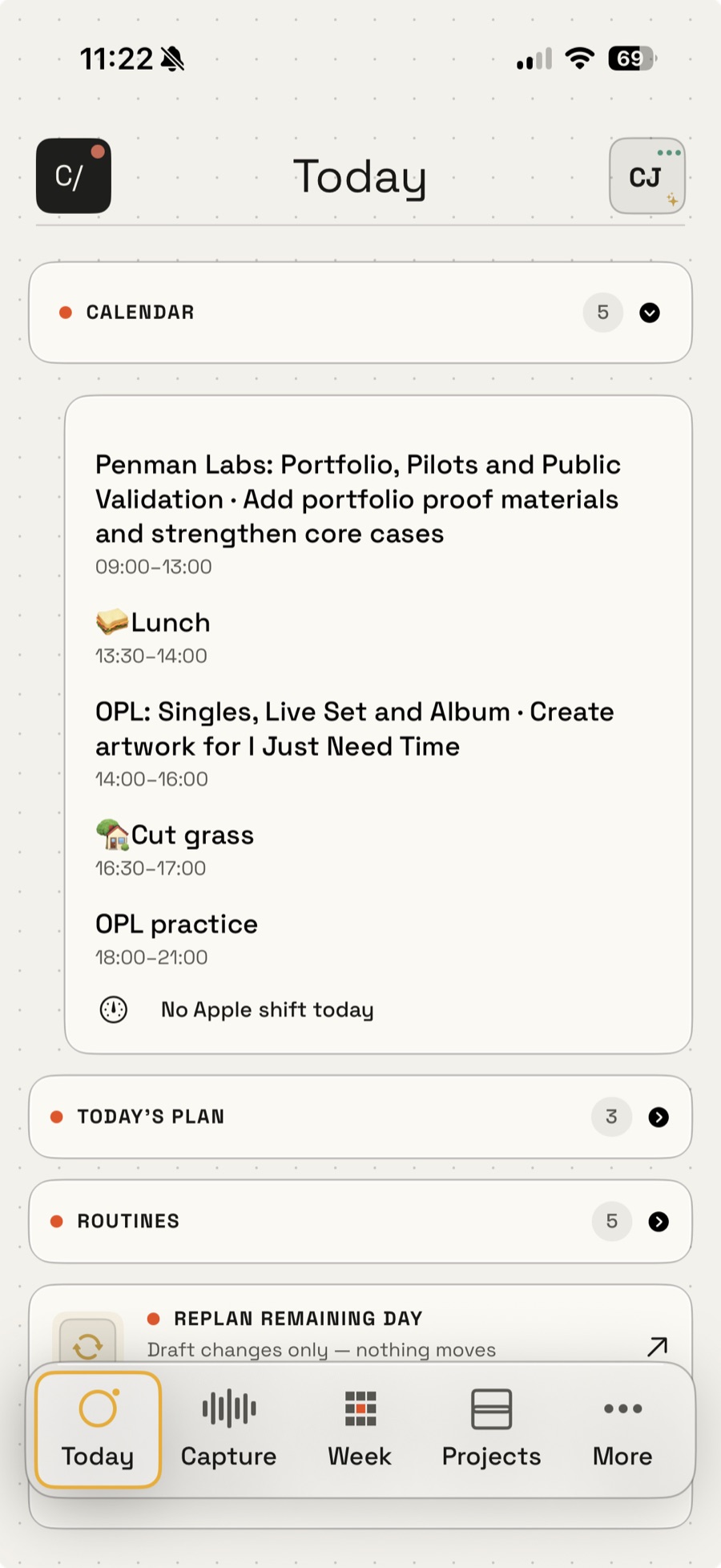The Today screen from my paused CraigOS prototype.