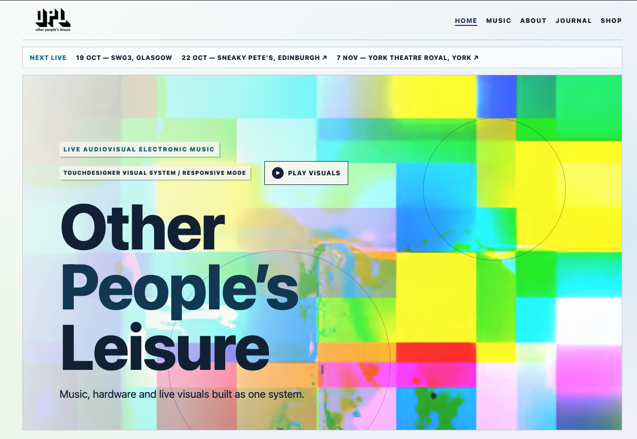 The Other People’s Leisure website I built with Codex, showing the home page and upcoming gigs.