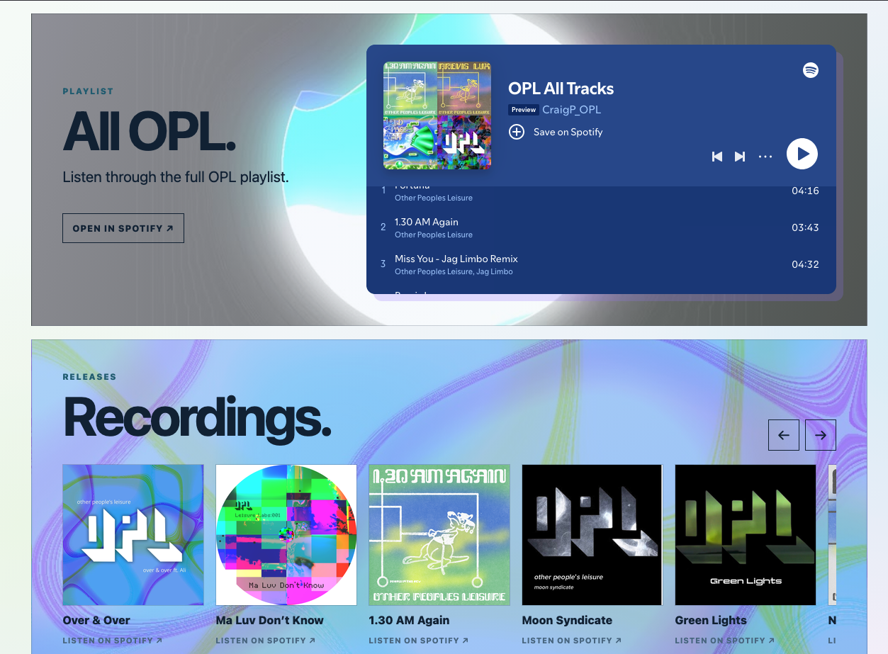 The music page, with recordings and a playlist.