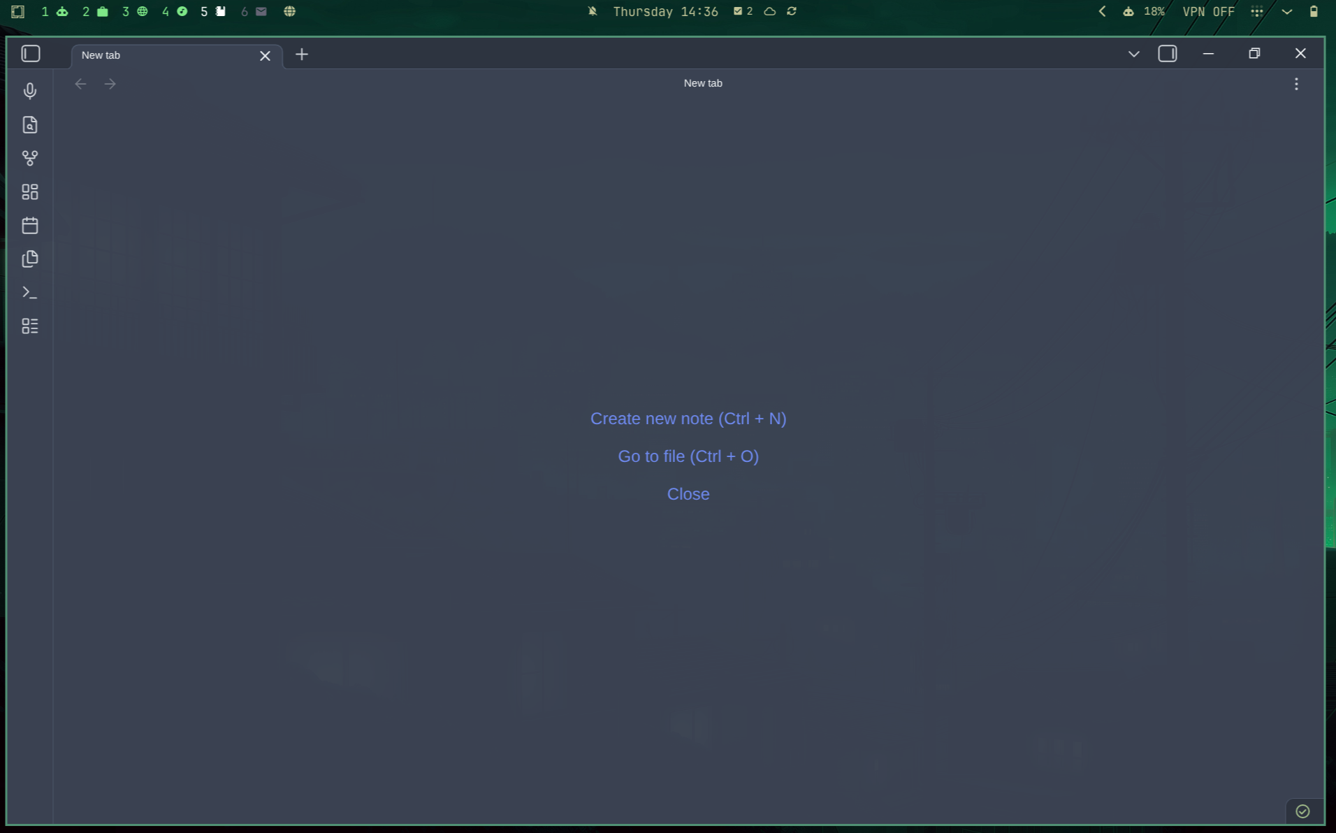 Obsidian in its own workspace, with no private notes open.