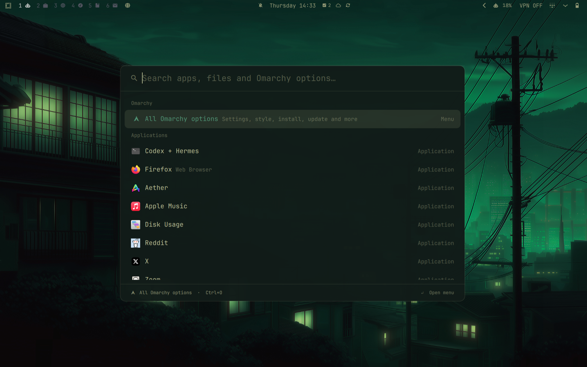 My Osaka Jade desktop with the Omarchy launcher open.